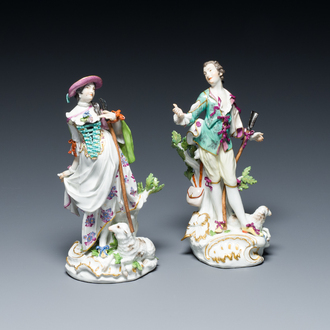 A pair polychrome Meissen porcelain figures of a shepherd and a shepherdess, Germany, 18th C.