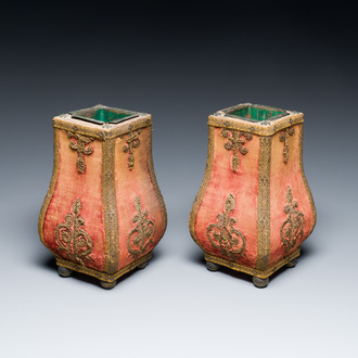A pair of Louis XIV vases covered with velvet and gold thread, with metal liner, France, 18th C.
