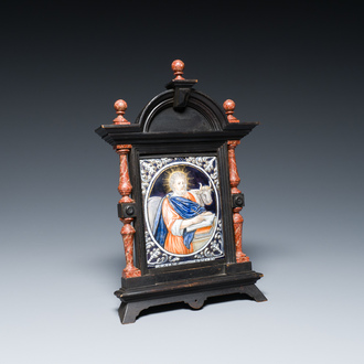 A Limoges enamel plaque depicting Saint Luke in an attractive frame, France, 17/18th C.