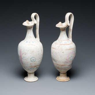 A pair of polychrome Greek pottery 'oinochoe' ewers, Canosa, Apulia, Italy, ca. 3rd C. b.C.