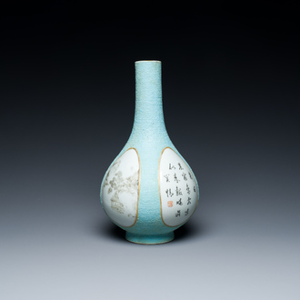 A Chinese turquoise-ground grisaille vase, Wan Yu 玩玉 seal mark, Qianlong mark and probably of the period