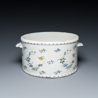 A polychrome Brussels faience cooler with 'À la haie fleurie' decoration, 18th C.