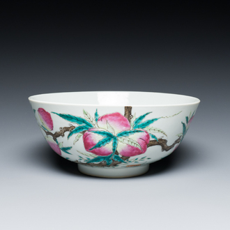 A Chinese famille rose 'nine peaches' bowl, Kangxi mark, 19/20th C.