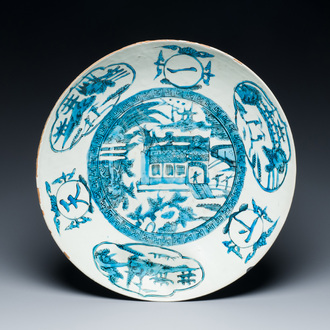 A deep Chinese  turquoise- and black-enamelled Swatow 'monastery' dish, Ming