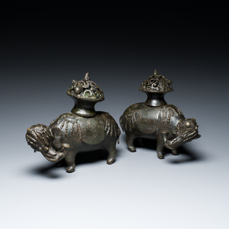 A pair of Chinese bronze 'elephant' censers, Ming