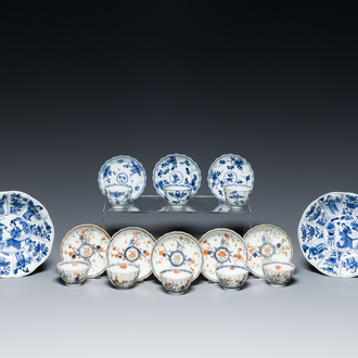 Two Chinese blue and white plates, three cups and saucers and five famille verte cups and saucers, Kangxi