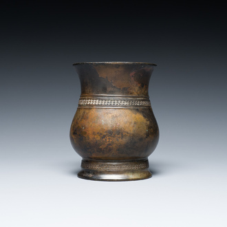 A Chinese inscribed archaic bronze ritual wine vessel, 'zhi', late Shang dynasty