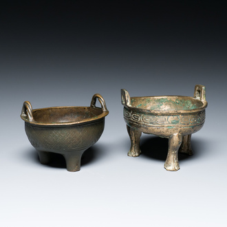 Two Chinese ritual bronze tripod food vessels, 'ding', Western Zhou and Yuan