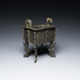 A Chinese archaic bronze ritual food vessel in Western Zhou-style, 'fangding', Bao Ding Zhen Yong 寶鼎珍用 mark, Ming