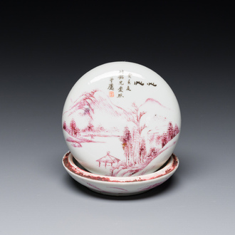 A Chinese purple-decorated seal paste box and cover with a landscape, signed Qing 慶, Mei 美 seal mark, dated 1923