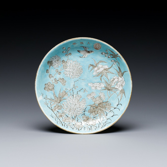 A Chinese turquoise-ground grisaille-decorated Dayazhai plate, Yong Qing Chang Chun 永慶長春 mark, Guangxu