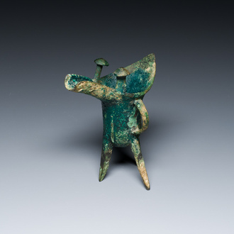 A Chinese archaic bronze ritual wine vessel, 'jue', late Shang dynasty