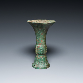 A Chinese archaic bronze ritual wine vessel, 'gu', late Shang dynasty