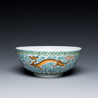 A Chinese doucai 'dragons' bowl, Jiaqing mark, 19th C.