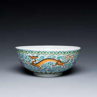 A Chinese doucai 'dragons' bowl, Jiaqing mark, 19th C.
