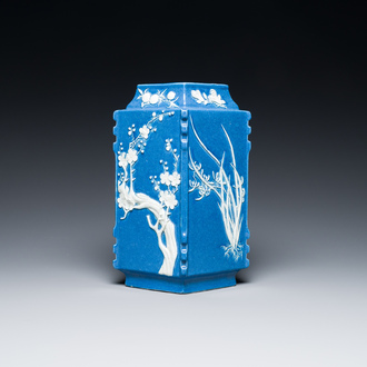 A rare Chinese lozenge-shaped blue-glazed vase with applied floral design, Qianlong mark, Republic