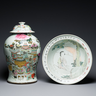 A Chinese qianjiang cai bowl and an 'antiquities' vase and cover, 19/20th C.