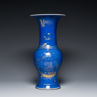 A Chinese gilt-decorated powder-blue 'yenyen' vase, Kangxi