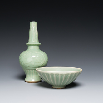 A Chinese Longquan celadon vase and a 'lotus' bowl, Yuan or later