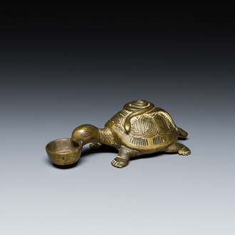 A Chinese inscribed gilt bronze ‘turtle and snake’ water dropper, probably Qing