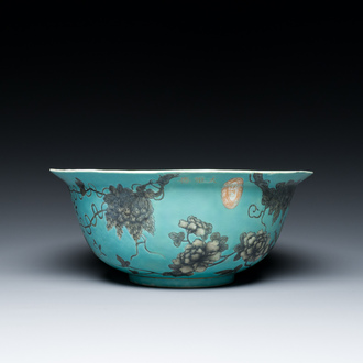 A large Chinese turquoise-ground grisaille-decorated Dayazhai bowl, Yong Qing Chang Chun 永慶長春 mark, Guangxu