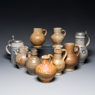 Nine various stoneware jugs, a.o. Frechen, Raeren and Westerwald, 16/18th C.