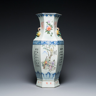 A Chinese hexagonal qianjiang cai vase, signed Hui Ru Shi 慧如氏, dated 1910