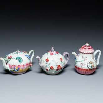 Three Chinese famille rose teapots and covers with applied floral design, Yongzheng