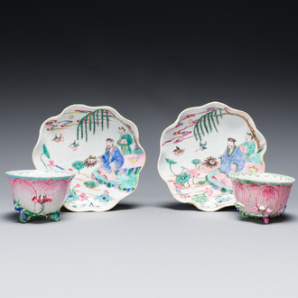 A pair of Chinese relief-decorated famille rose 'lotus' cups and saucers with a scholar and his servant, Yongzheng