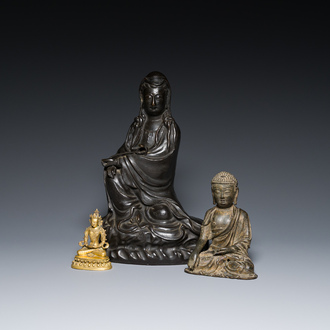 Three Chinese bronze sculptures of Buddha and of Guanyin, Ming and later
