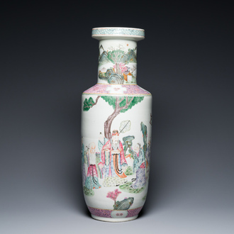 A Chinese famille rose rouleau vase with Shou Lao, Qianlong mark, 19th C.