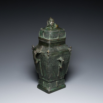 A large Chinese archaic bronze vase and cover, 'fanglei', Ming