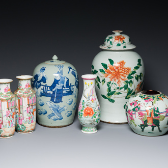 Six Chinese blue, white, famille rose and famille verte vases, 19/20th C.