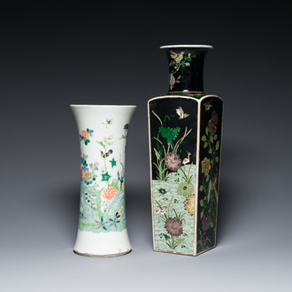 A square Chinese famille noire vase and a famille verte 'gu' vase, Kangxi mark, 19th C.