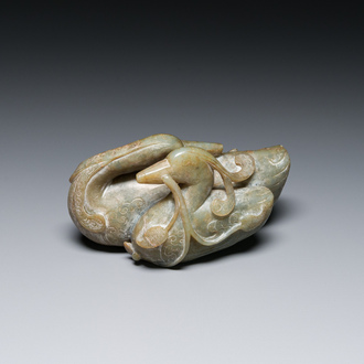 A Chinese celadon jade group of two mandarin ducks, Ming