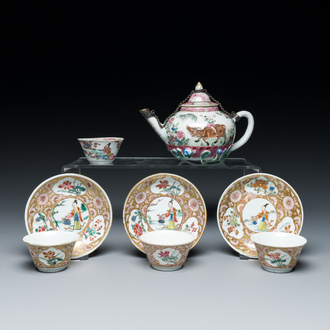 A Chinese famille rose teapot, four cups and three saucers, Yongzheng