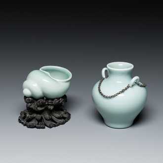 A Chinese celadon-glazed water pot on wooden stand and a small 'hu' vase, 19/20th C.