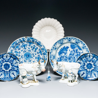 A varied collection of monochrome white and blue and white Dutch Delftware, 18th C.