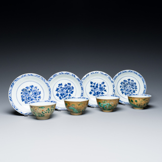 Four Chinese famille verte cups and saucers, Kangxi