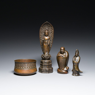 Three Japanese bronze sculptures of Buddha and of Guanyin and a censer, Edo/Meiji, 18/19th C.