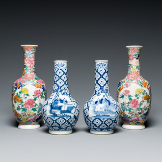 Two pairs of Chinese blue, white and famille rose bottle vases, 19/20th C.
