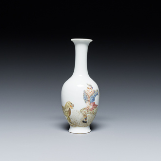 A Chinese famille rose vase with a man next to a leopard, Qianlong mark, Republic