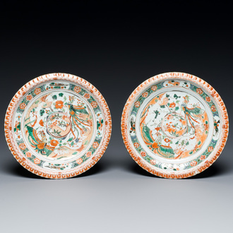 A pair of Chinese famille verte 'phoenixes' dishes, Kangxi