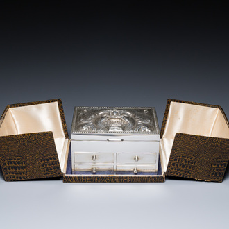 A Thai silver jewelry case in its original box inscribed 'School for Arts & Crafts, Bangkok, Siam', early 20th C.