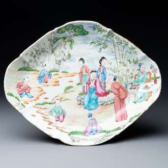 A rare Chinese Canton famille rose tazza depicting a winding stream party, 'liushangqushui' 流觴曲水, 19th C.