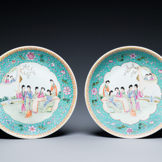 A pair of Chinese famille rose dishes with ladies in a garden, Qianlong mark, 20th C.
