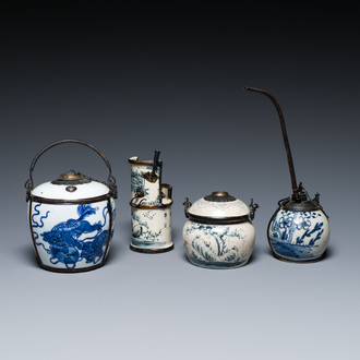 Four Chinese blue and white 'Bleu de Hue' waterpipes for the Vietnamese market, various marks, 19/20th C.