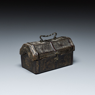 A French cuir-bouilli and iron-banded wooden casket with two portraits of half-figures, 15th C.