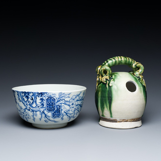 A Chinese blue and white 'Bleu de Hue' bowl and a green-glazed lime pot for the Vietnamese market, the bowl marked Tho, 18/19th C.