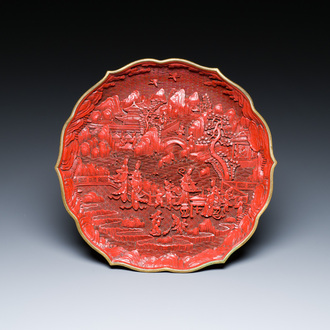 A Chinese red cinnabar lacquer lotus-shaped dish, Qianlong mark, probably Republic